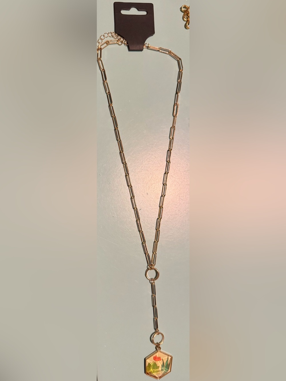 Gold-Tone Paperclip Drop Necklace with Hexagon Floral Pendant